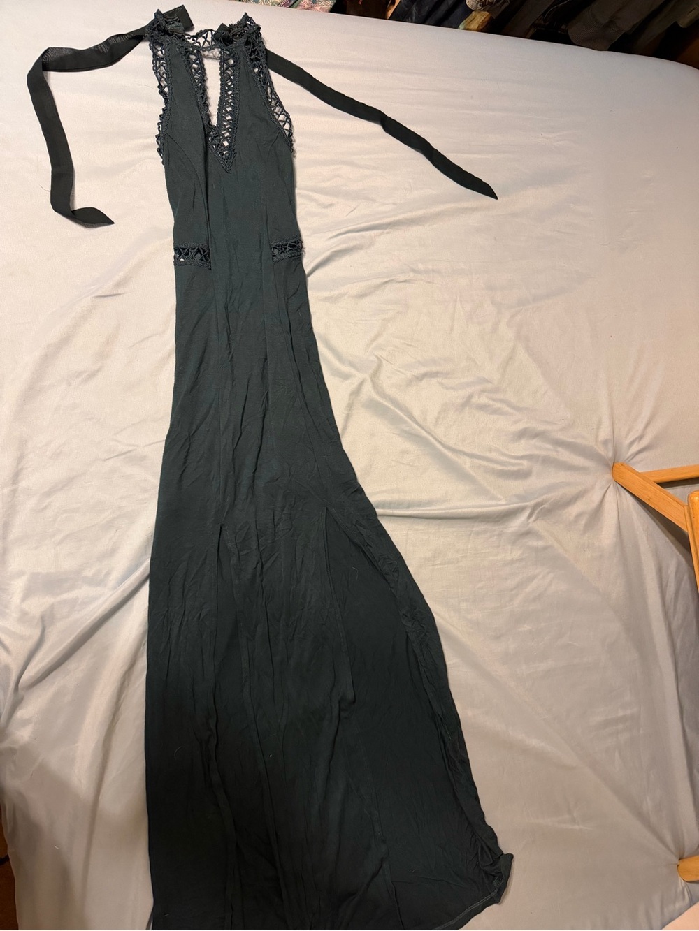 Dark green halter Maxi Dress with Lace Trim